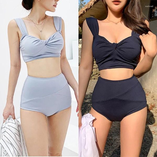 Damenbadebekleidung 2024 Frauen Split Badeanzug Set Einfarbig V-Ausschnitt Push Up Bikini Höschen für Sommer Beachwear Mädchen Sex Abnehmen