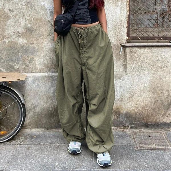 Calças femininas y2k estética harajuku carga vintage cintura elástica amarrar bolsos laterais calças soltas hip hop moda coreana sweatpants