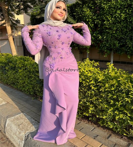 Lindo vestido de noite muçulmano lilás 2024 elegnt sereia floral manga comprida vestido de baile árabe recepção ocasião formal festa abayas robes bal de promo aniversário