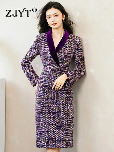 Zjyt elegante roxo tweed jaqueta de lã e saia terno 2 peça para as mulheres inverno festa outfit senhora do escritório manga longa conjuntos vestido 240223