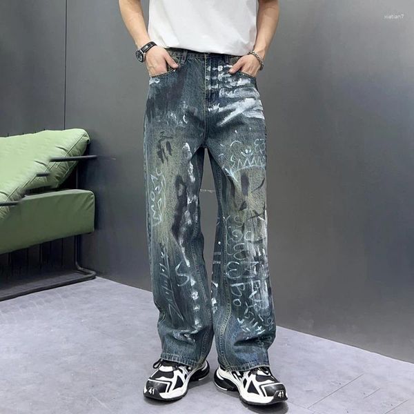 Jeans masculinos homens hip hop roupas graffiti impressão streetwear moda solta casual perna larga denim calças largas homem calças retas