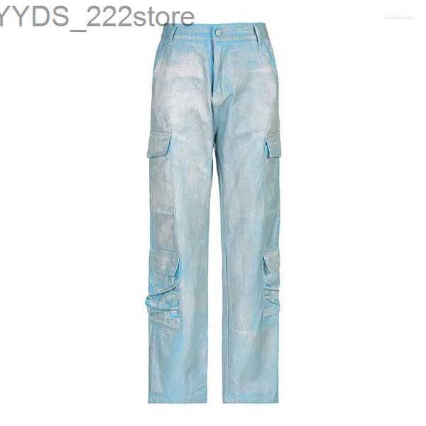 Jeans jeans revestido gloy deign alta espera tyle traight tubo plicing bolso múltiplo pesado indústria tendência fahionable denim 240304