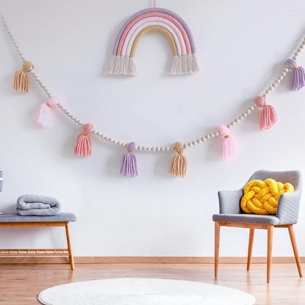 Estatuetas decorativas 2 pçs nórdico macrame arco-íris conjunto de corda de algodão pendurado na parede grânulo de madeira guirlanda com borla boho berçário quarto decoração casa