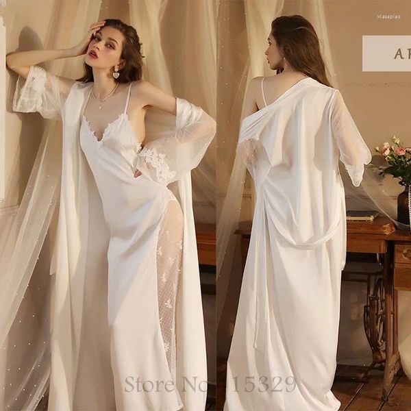Женская одежда для сна, свадебный комплект невесты, женская сексуальная кружевная лоскутная ночная рубашка, длинное кимоно, банное платье, свободная ночная рубашка на подтяжках, интимная одежда
