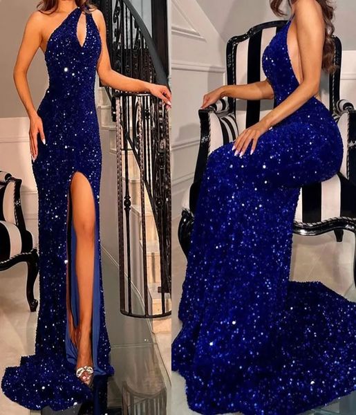 Vestidos de baile vestido de noite festa formal sereia trompete sem mangas personalizado zíper rendas até plus size novas lantejoulas cristal um ombro azul real