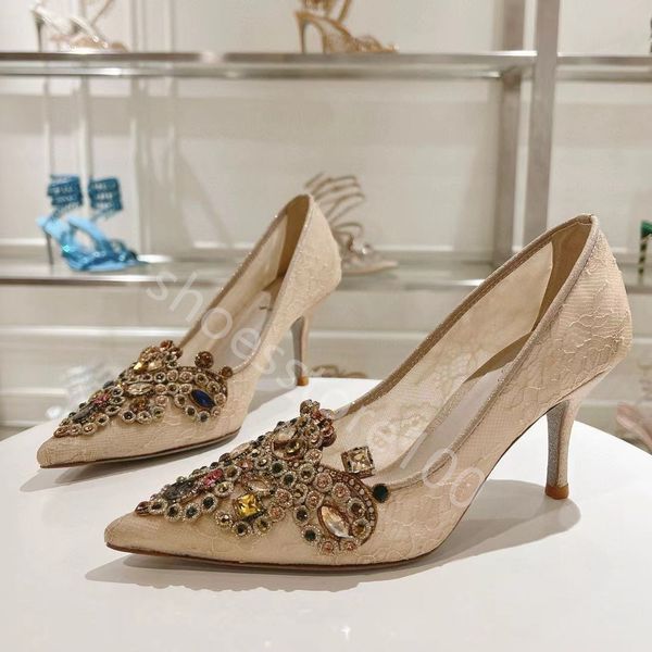 RENE CAOVILLA Модные сандалии Дизайнерские женские свадебные туфли на высоком каблуке 9,5 см. Украшение из кристаллов. Натуральная кожа. Острый носок. Ремешок на щиколотке. Пряжка.
