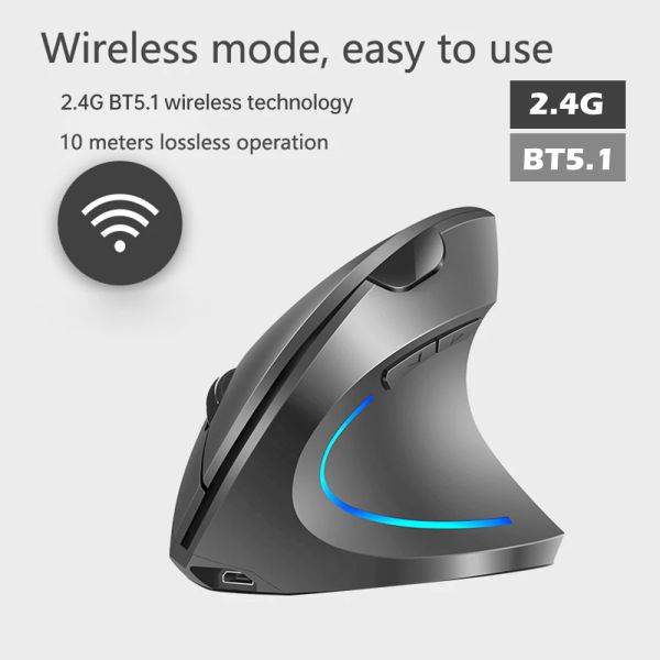 Mouse 2.4G BT Dualmode Wireless Mouse Vertical Gaming Mouse Ergonômico Desktop Vertical Mouse 2400 DPI USB Mouse para PC Laptop Office