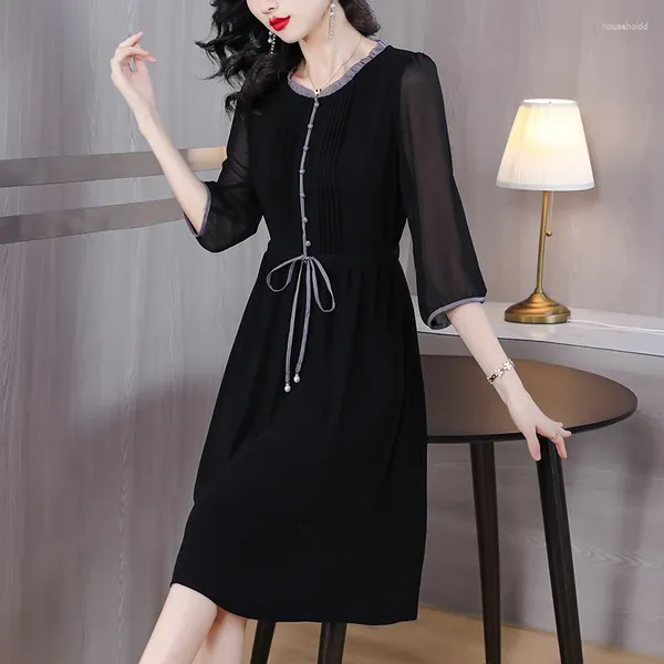 Повседневные платья, осеннее черное шифоновое платье миди с длинными рукавами и принтом, женское элегантное свободное платье 2024, корейское винтажное шикарное вечерние с рюшами