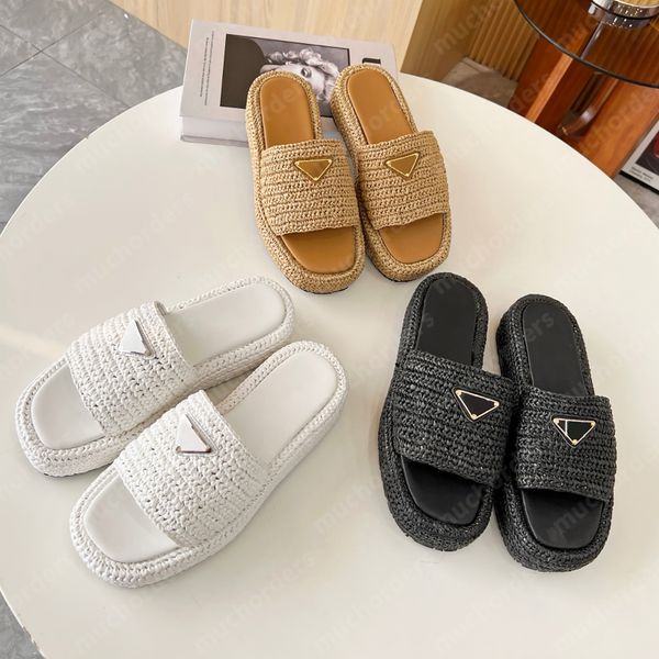 Designer chinelos plataforma de crochê slides sandálias naturais preto branco luxo mulheres verão praia plana chinelo sandália mulheres slides sapatos tamanho 35-40