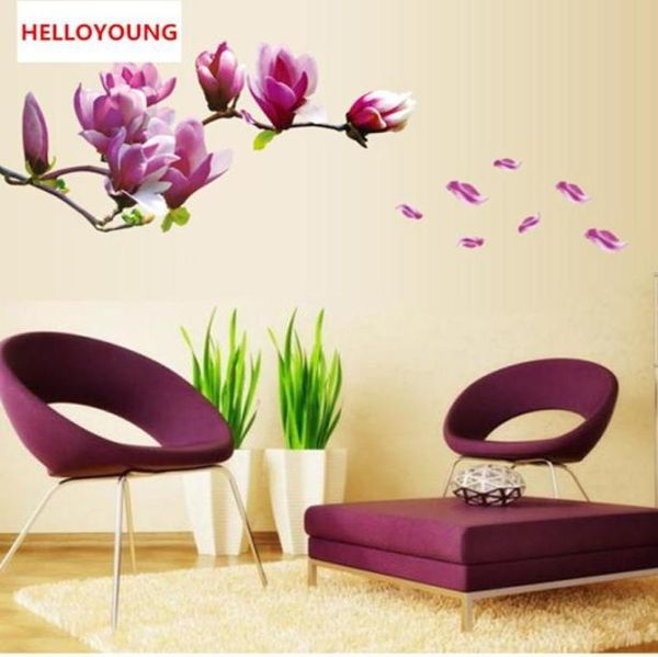 Roxo Magnólia Flor Adesivos de Parede Quarto Sala de estar Adesivos de Parede Home Decor Sala de estar Papel Adesivo de Parede Decals8076283