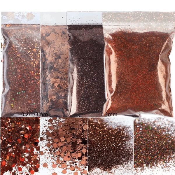 4 Beutel*50g Brauner klobiger Nagelglitter, feines Pulver, Pailletten, Dekoration, holografischer Mix, sechseckige Masse, Chrompigment, Nagelzubehör 240220