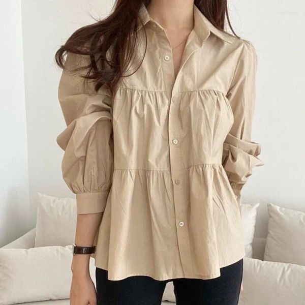 Camicette da donna autunno coreano con la moda semplice camicia semplice design a pieghe singolo Design da donna blusa donna sciolta da donna a manicotto sbuffo