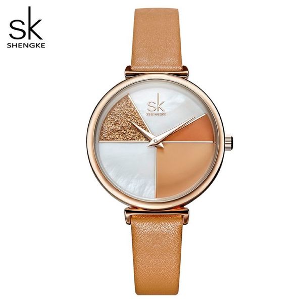 Shengke relógio feminino concha dial couro senhoras relógio japonês movimento de quartzo ultra fino fivela cinta reloj mujer montre femme215k