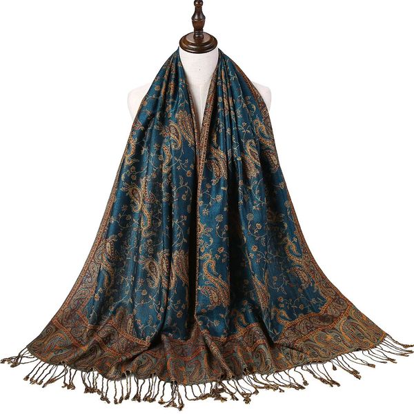 Sciarpa di seta Pashmina Sciarpa avvolgente Paisley Jacquard Fiori Bordi Rave 2 strati Nappe classiche reversibili per donna 70X180 cm 200 g 240227