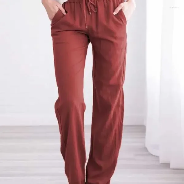 Damenhose Damen Baumwolle Leinen Seitentasche Bleistift Lockeres gerades Bein Weite Hose Kordelzug Jersey Kleidung Schweiß