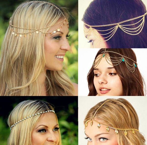 Wholemultilayer Horquillas Bijoux Gioielli Oro Nappel Capelli Bindi Foglie per capelli Boho Accessori Rhinestone Tiara Tiara Princess8175169