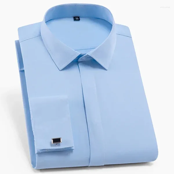 Camisas de vestido masculinas Mens Francês Punhos Negócios Camisa de Manga Longa Sem Bolso Frontal Botões Escondidos Padrão Elegante Formal Simples Cufflink