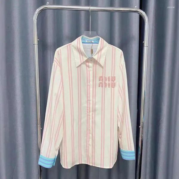 Blusas femininas oversize solta listrado carta camisa 2024 primavera verão de alta qualidade prego francês diamante doce rosa manga longa topo