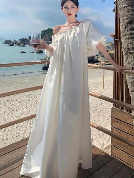Partykleider Weiß Urlaub Lose Puff Kurzarm Plissee Kleid Lässig Lange Elegante Koreanische Mode Kleidung Sommer 2024