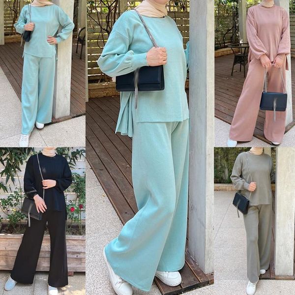 Roupas étnicas outono inverno malha duas peças conjunto para mulheres muçulmano pulôver malhas calças largas calças modestas loungewear dubai hijab modéstia