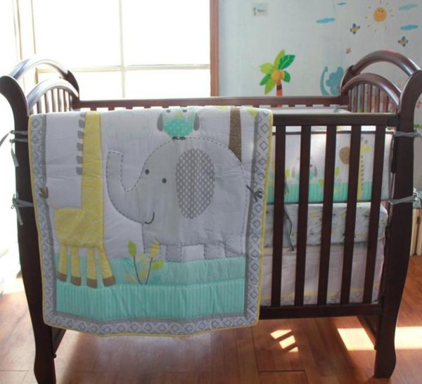 Nova marca conjunto de cama berço algodão 7 pçs conjunto cama do bebê para infantil pára-choques conjunto no berço bordado coruja elefante giraffe7523034