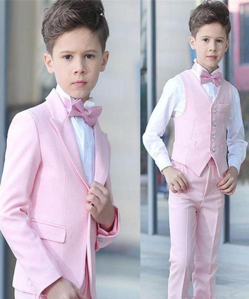 4-teiliger rosa Anzug für Jungen, Hochzeits-Smoking, spitzes Revers, One-Button-Junge, formelle Kleidung, Kinderanzüge für Abschlussball, Party, maßgeschneidert, Blazer, Hosen, Ve5367330