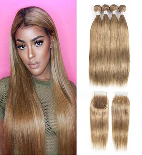 Cabelo brasileiro liso tecer pacotes com fechamento cor loira cinza 8 4 pacotes com fechamento de renda 4x4 remy extensões de cabelo humano 2843323