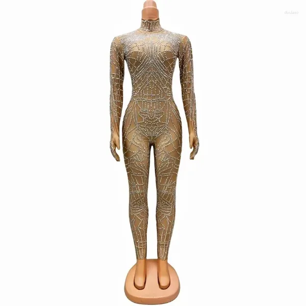 Palco desgaste prata completa strass nu macacão dança mostrar sexy bodysuit noite aniversário celebrar traje leggings dianwang