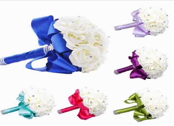 2020 Nuovo Bouquet da sposa Decorazione di nozze Fiore artificiale damigella d'onore Cristallo Seta Rosa Blu reale Bianco Verde Lilla Fucsia Min5894615