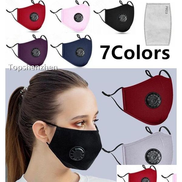 Maschere di design 7 colori Moda unisex in cotone viso con respiro Vae Pm2.5 Maschera per bocca Tessuto riutilizzabile anti-polvere 1 pezzo Filtri all'interno Dro Dhejf