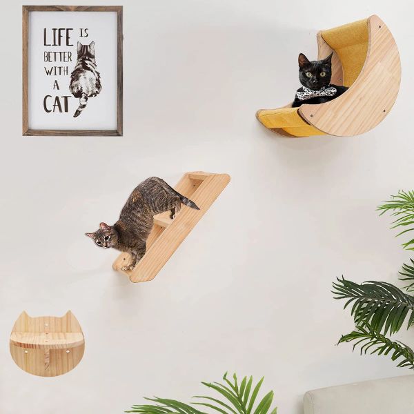 Scratchers 1pc Scaffali per gatti fissati al muro Mobili per animali domestici in legno Amaca da parete per gatti Scaffali per arrampicata Scale Albero per gatti per interni Pet Montaggio a parete Climber