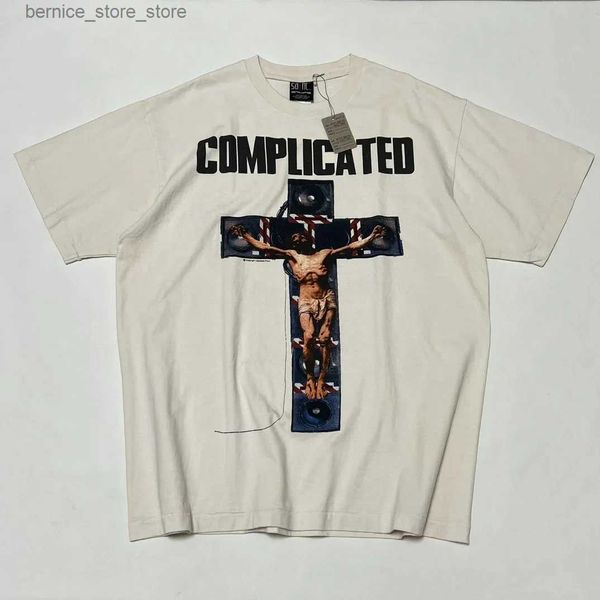 Herren-T-Shirts Herren-T-Shirts Top-Qualität SAINT 23FW Collab COMPLICATED JESUS TEE Männer Frauen Vintage-T-Shirt gewaschenes Oversize-Baumwoll-T-Shirt Q240304