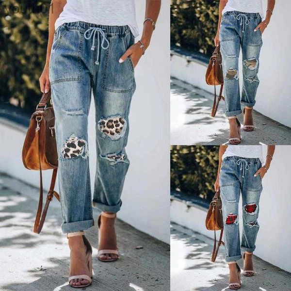 Jeans da donna Jeans da donna Estate Casual Modello blu Stampato Pantaloni larghi alla caviglia Gamba larga Pantaloni dritti Fori Vita stretta Denim Donna 240304