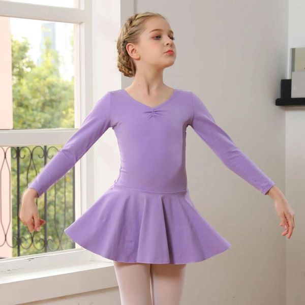 Stage Wear Bambini Cotone Ginnastica Balletto Body con gonna Abito da ballo Costumi a maniche lunghe Abbigliamento da ballo per bambini Ballerina Abbigliamento per ragazze