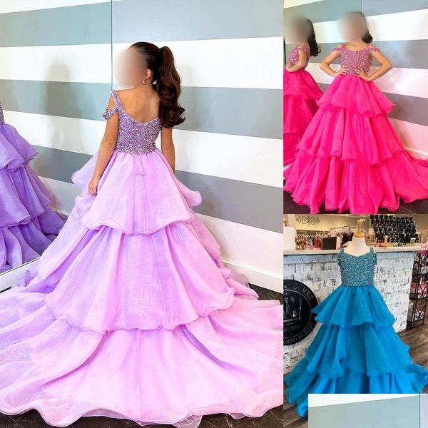 Mädchen-Festzug-Kleider, rosafarbenes Mädchenkleid, Ballkleid, Perlenstickerei, Organza-Träger, Halsausschnitt, kleines Kind, Geburtstag, formelles Partykleid, Kleinkind, Teenager, Dhwxk