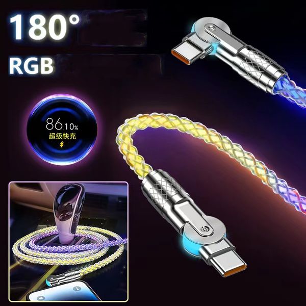 Cabo de carregamento de iluminação RGB giratório de 120 W 180 ° Type C Cabo de carregamento super rápido USB C para C Cabo de carga gradiente para i Xiaomi OPPO Samsung S24 Huawei