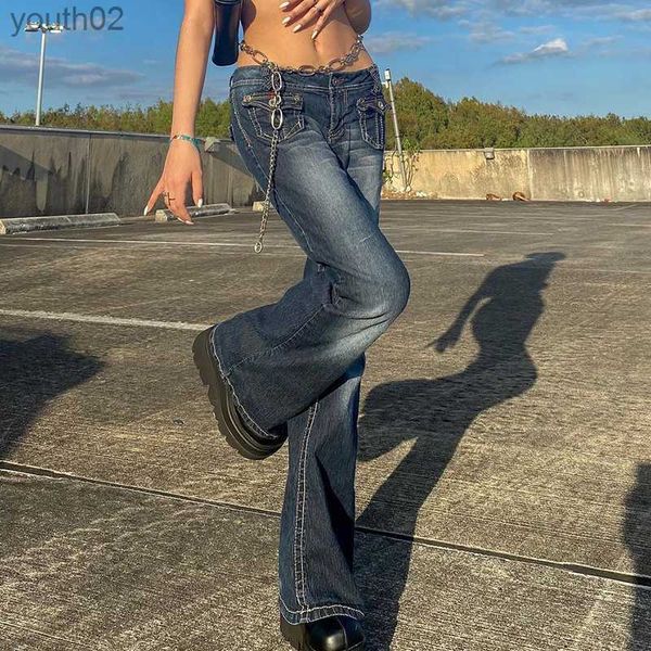 Женские джинсы в корейском стиле Harajuku Hot Mom Jeans Y2K Grunge Vintage с заниженной талией и карманами-клеш Брюки-карго в стиле ретро 240304