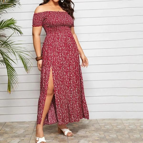 Vestido maxi plus size com elástico no peito, costura fina, estilo boêmio, ombro de fora, 240301