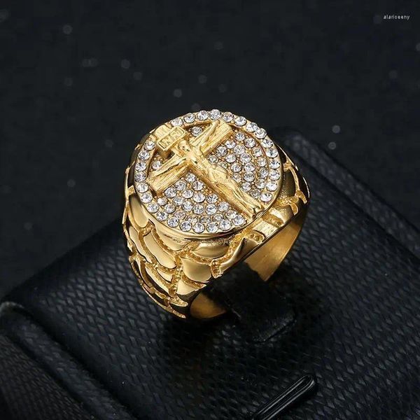 Cluster Ringe Hip Hop Gold Farbe Edelstahl Kreuz Religiöser Glaube Jesus Kopf mit Strass Fingerbänder Modeschmuck