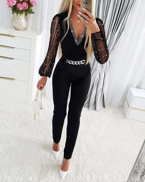 Profundo decote em v malha manga longa macacão geral feminino preto elegante strass corrente glitter festa noite sexy bodysuits240304