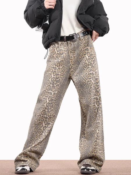 Estilo americano leopardo lavagem jeans feminino y2k retro rua menina solta calças casuais cintura alta perna reta jeans 240228