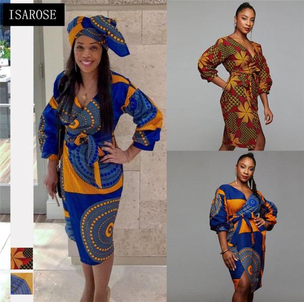 ISAROSE Afrikanisches Dashiki-Kleid mit V-Ausschnitt, Gürtel, Schlitz, reichhaltiger Druck, Bazin, hohe Taille, Übergröße, Bürodame, Damen, Alltagskleidung 5807056