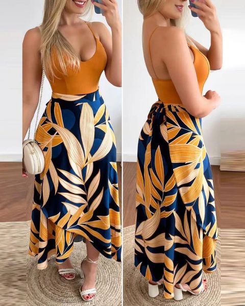 Ternos 2023 verão moda casual meia saia conjunto de duas peças, sexy vneck halter topo + planta tropical impressão meia saia conjunto