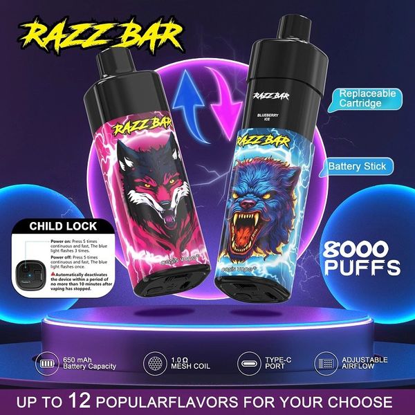 Avrupa deposu orijinal şarj edilebilir vape razz bar 8000 puflar tek kullanımlık vape kalem elektronik sigara kiti 650mah pil 8k puflar önceden doldurulmuş yüksek kalite