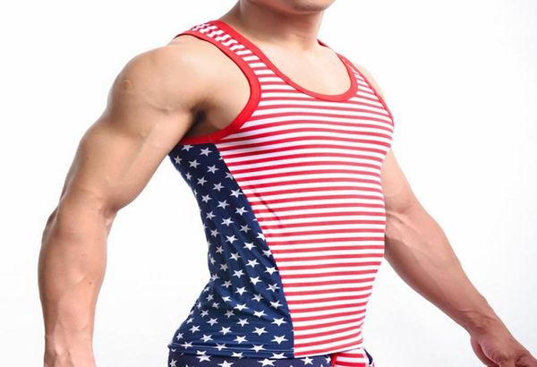 Men039s Ärmelloses Unterhemd Tops Tank Classic USA Flagge Bedrucktes Herren Top Baumwolle Männer Casual Sexy Low Waist Convex Design Weste U8230191