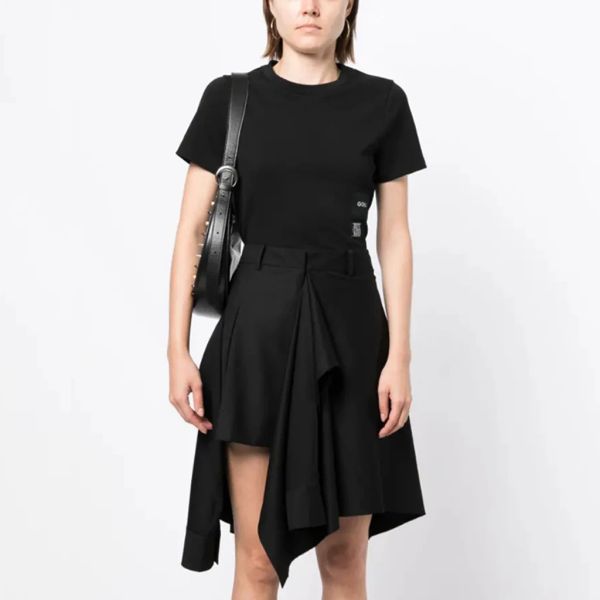 Saia de cintura alta assimétrica mini saia de cetim fosco chique preto babados na altura do joelho moda meninas saias estilo rua vestido feito sob encomenda