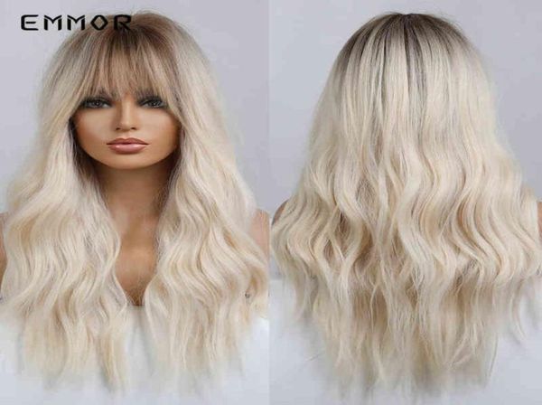 Emmor synthetische Ombre Blonde Platin Perücken für Frauen mit Pony, lange gewellte Perücke, Party, Alltag, hitzebeständiges Faserhaar 2206225692166