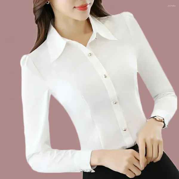 Blusas femininas camisa feminina top macio fino ajuste cor sólida manga comprida blusa formal melhorar a imagem de beleza