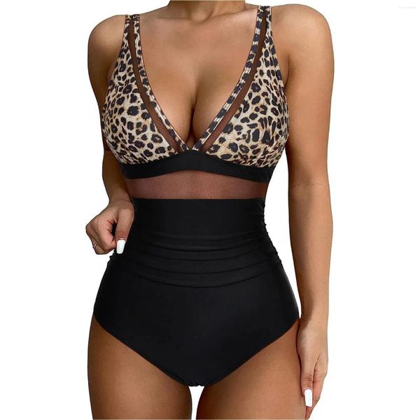 Damenbadebekleidung 2024 Sexy Leopard Halter Strapped Frauen Mesh Push Up One Piece Badeanzug Monokini Rückenfrei Deep V Badeanzug Bodysuit