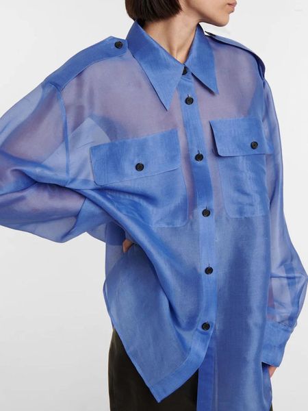 Blusas femininas modphy 2024 perspectiva malha camisa feminina elegante sexy ver através de manga comprida bolso senhora sólida casual blusa fina